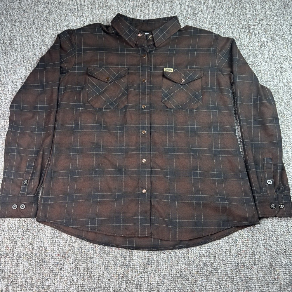 Dixxon Shirt Womens XL Flannel Calico Plaid Pearl Snap Button Up Brown